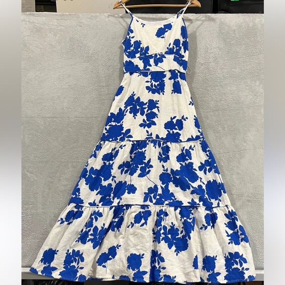 New Floral Blue and White Linen Blend Dress Cynthia Rowley size L - Picture 1 of 14